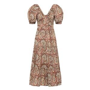 Anna Cate Midi Dress Tan Red Paisley Print Tiered Skirt Puff Sleeve New